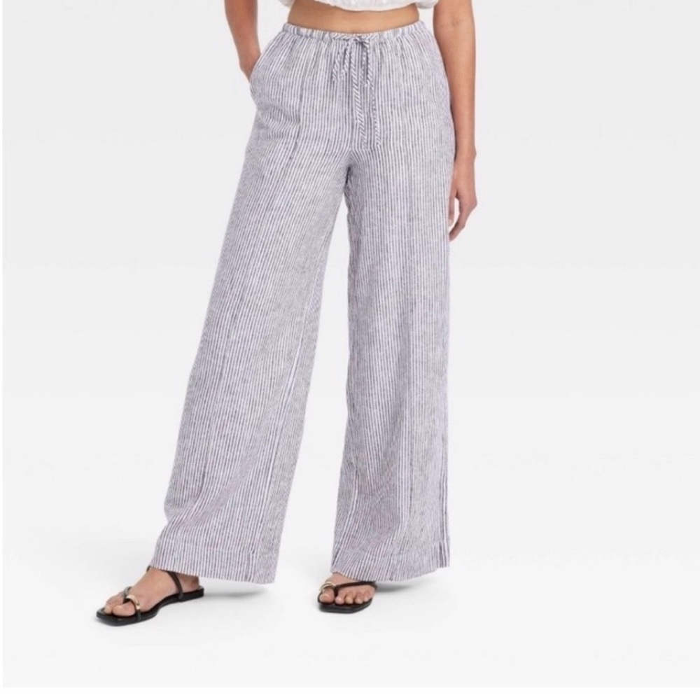 a new day Wide Leg Pinstripe Linen-Blend Pants - White & Gray